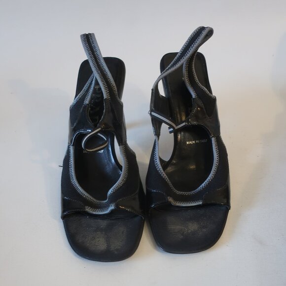 Authentic Prada Black Gray Trim Mixed Media Leather Trim Slingback Heels 7.5 - Picture 3 of 14